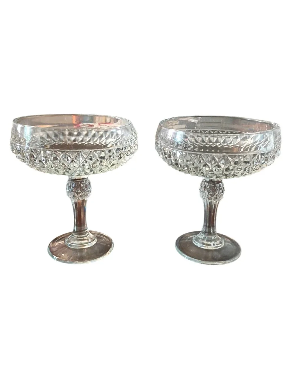 Set of 2 Indiana Glass Diamond Point Clear Pedestal Compote
